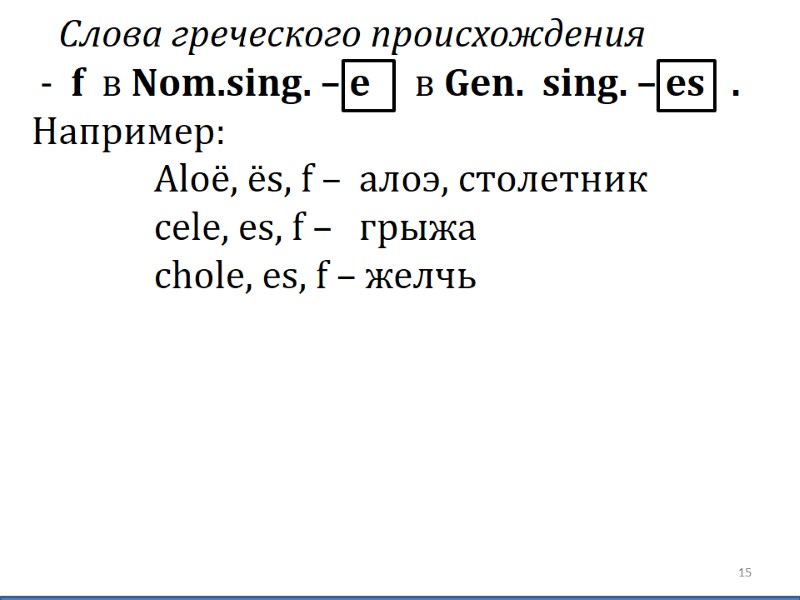 Слова греческого происхождения  -  f  в Nom.sing. – e  